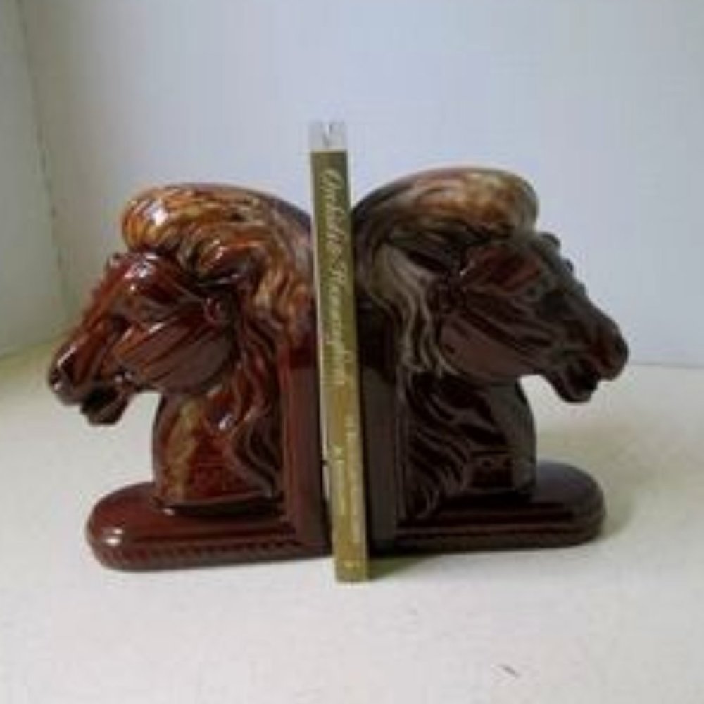 Mid-Century Modern Vintage Terra Cotta Glazed Horse Head Book Ends LNC